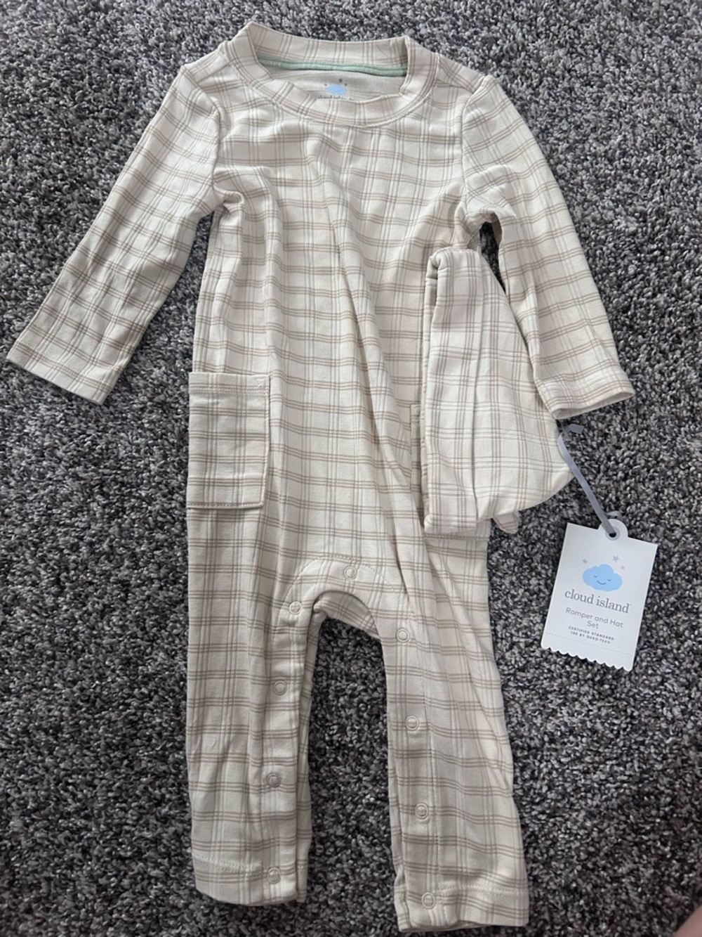 cloud island Cream Beige Plaid Baby One-Piece with Hat